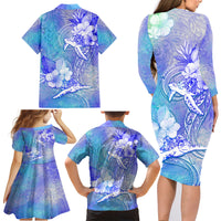 Couple Blue Sea Turtle Heart Love Family Matching Long Sleeve Bodycon Dress and Hawaiian Shirt LT05 - Polynesian Pride