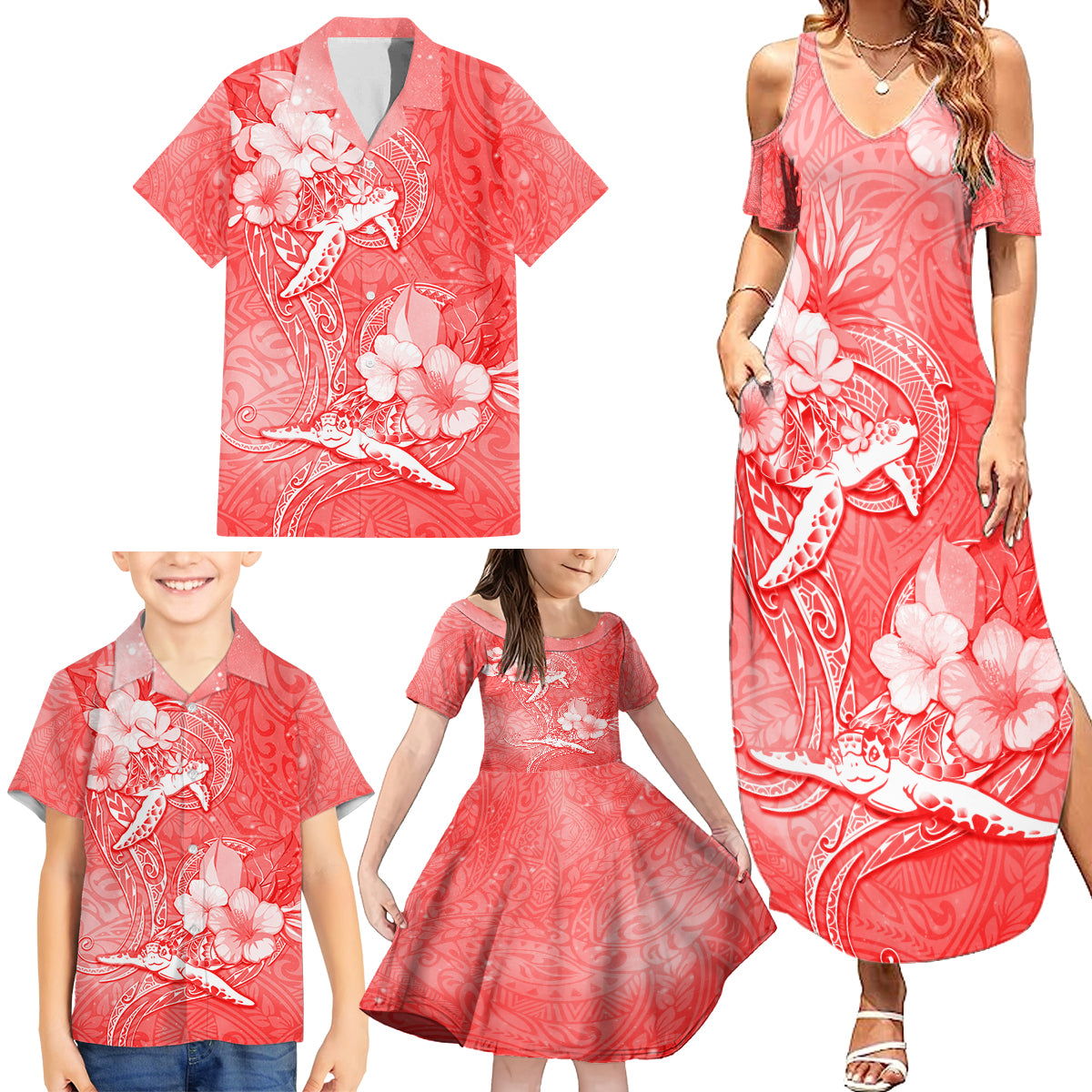 Polynesia Sea Turtle Couple Family Matching Summer Maxi Dress and Hawaiian Shirt Happy Valentine Day Red LT05 - Polynesian Pride