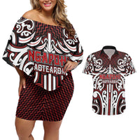 Custom Aotearoa Ngapuhi Couples Matching Off Shoulder Short Dress and Hawaiian Shirt Maori Tribal Pattern Mix Poutama