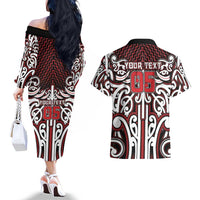 Custom Aotearoa Ngapuhi Couples Matching Off The Shoulder Long Sleeve Dress and Hawaiian Shirt Maori Tribal Pattern Mix Poutama