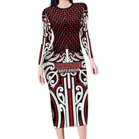 Custom Aotearoa Ngapuhi Long Sleeve Bodycon Dress Maori Tribal Pattern Mix Poutama