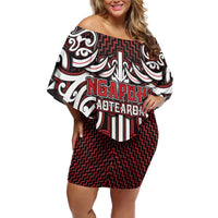 Custom Aotearoa Ngapuhi Off Shoulder Short Dress Maori Tribal Pattern Mix Poutama