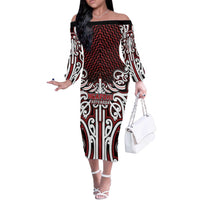 Custom Aotearoa Ngapuhi Off The Shoulder Long Sleeve Dress Maori Tribal Pattern Mix Poutama