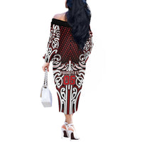 Custom Aotearoa Ngapuhi Off The Shoulder Long Sleeve Dress Maori Tribal Pattern Mix Poutama