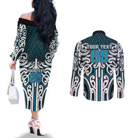 Custom Aotearoa Ngati Porou Couples Matching Off The Shoulder Long Sleeve Dress and Long Sleeve Button Shirt Maori Tribal Pattern Mix Poutama