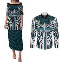 Custom Aotearoa Ngati Porou Couples Matching Puletasi and Long Sleeve Button Shirt Maori Tribal Pattern Mix Poutama
