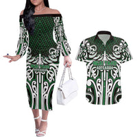 Custom Aotearoa Ngai Tahu Couples Matching Off The Shoulder Long Sleeve Dress and Hawaiian Shirt Maori Tribal Pattern Mix Poutama