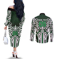Custom Aotearoa Ngai Tahu Couples Matching Off The Shoulder Long Sleeve Dress and Long Sleeve Button Shirt Maori Tribal Pattern Mix Poutama