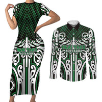 Custom Aotearoa Ngai Tahu Couples Matching Short Sleeve Bodycon Dress and Long Sleeve Button Shirt Maori Tribal Pattern Mix Poutama