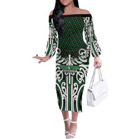 Custom Aotearoa Ngai Tahu Off The Shoulder Long Sleeve Dress Maori Tribal Pattern Mix Poutama