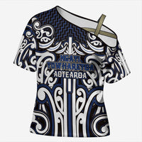 Custom Aotearoa Ngati Tuwharetoa Cross Shoulder Shirt Maori Tribal Pattern Mix Poutama LT05 Female Navy - Polynesian Pride