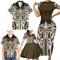 Custom Aotearoa Taranaki Family Matching Short Sleeve Bodycon Dress and Hawaiian Shirt Maori Tribal Pattern Mix Poutama