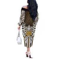 Custom Aotearoa Taranaki Off The Shoulder Long Sleeve Dress Maori Tribal Pattern Mix Poutama