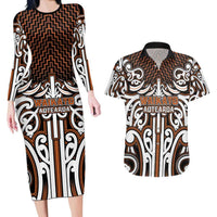 Custom Aotearoa Waikato Couples Matching Long Sleeve Bodycon Dress and Hawaiian Shirt Maori Tribal Pattern Mix Poutama