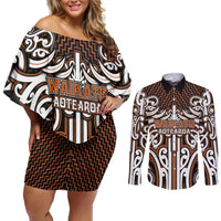 Custom Aotearoa Waikato Couples Matching Off Shoulder Short Dress and Long Sleeve Button Shirt Maori Tribal Pattern Mix Poutama