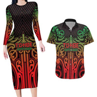 Custom Aotearoa Tuhoe Couples Matching Long Sleeve Bodycon Dress and Hawaiian Shirt Maori Tribal Pattern Mix Poutama
