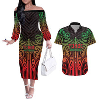 Custom Aotearoa Tuhoe Couples Matching Off The Shoulder Long Sleeve Dress and Hawaiian Shirt Maori Tribal Pattern Mix Poutama
