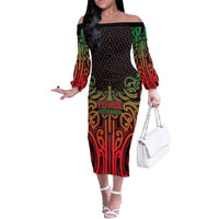 Custom Aotearoa Tuhoe Off The Shoulder Long Sleeve Dress Maori Tribal Pattern Mix Poutama