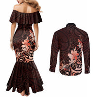 Matariki New Zealand Couples Matching Mermaid Dress and Long Sleeve Button Shirt Maori Pattern Red Galaxy LT05 - Polynesian Pride