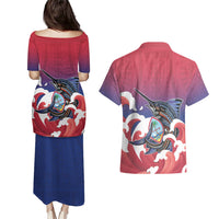 Guam Blue Marlin Fishing Couples Matching Puletasi and Hawaiian Shirt Polynesian Style LT05 - Polynesian Pride