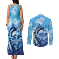 Hawaii Blue Marlin Fishing Couples Matching Tank Maxi Dress and Long Sleeve Button Shirt LT05 - Polynesian Pride