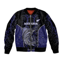 Personalised New Zealand Aotearoa Bomber Jacket Blue Marlin Fishing Maori Pattern