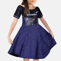 Personalised New Zealand Aotearoa Family Matching Off Shoulder Short Dress and Hawaiian Shirt Blue Marlin Fishing Maori Pattern