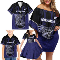 Personalised New Zealand Aotearoa Family Matching Off Shoulder Short Dress and Hawaiian Shirt Blue Marlin Fishing Maori Pattern