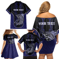 Personalised New Zealand Aotearoa Family Matching Off Shoulder Short Dress and Hawaiian Shirt Blue Marlin Fishing Maori Pattern
