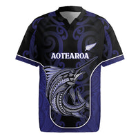 Personalised New Zealand Aotearoa Rugby Jersey Blue Marlin Fishing Maori Pattern LT05 Black - Polynesian Pride