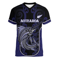 Personalised New Zealand Aotearoa Women V-Neck T-Shirt Blue Marlin Fishing Maori Pattern