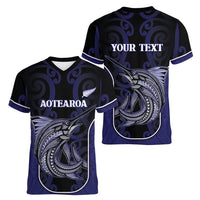 Personalised New Zealand Aotearoa Women V-Neck T-Shirt Blue Marlin Fishing Maori Pattern