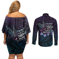 Polynesia Suicide Prevention Awareness Couples Matching Off Shoulder Short Dress and Long Sleeve Button Shirt Keep Going The World Needs You