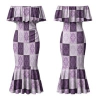 Lavender Manta Ray Hawaiian Quilt Motif Couples Matching Mermaid Dress and Hawaiian Shirt