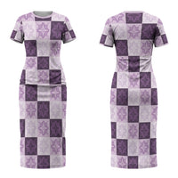 Lavender Manta Ray Hawaiian Quilt Motif Couples Matching Short Sleeve Bodycon Dress and Hawaiian Shirt