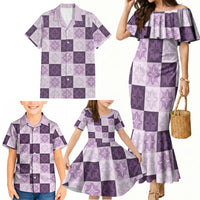 Lavender Manta Ray Hawaiian Quilt Motif Family Matching Mermaid Dress and Hawaiian Shirt