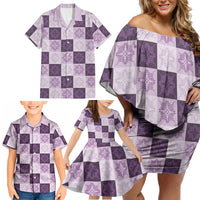 Lavender Manta Ray Hawaiian Quilt Motif Family Matching Off Shoulder Short Dress and Hawaiian Shirt