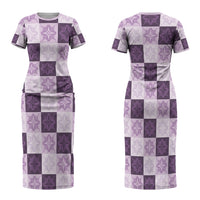 Lavender Manta Ray Hawaiian Quilt Motif Family Matching Short Sleeve Bodycon Dress and Hawaiian Shirt