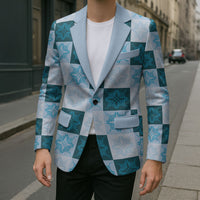 Cyan Manta Ray Hawaiian Quilt Motif Blazer