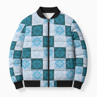 Cyan Manta Ray Hawaiian Quilt Motif Bomber Puffer Jacket
