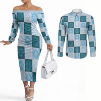 Cyan Manta Ray Hawaiian Quilt Motif Couples Matching Off The Shoulder Long Sleeve Dress and Long Sleeve Button Shirt