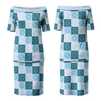 Cyan Manta Ray Hawaiian Quilt Motif Couples Matching Puletasi and Long Sleeve Button Shirt