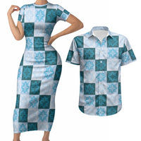 Cyan Manta Ray Hawaiian Quilt Motif Couples Matching Short Sleeve Bodycon Dress and Hawaiian Shirt
