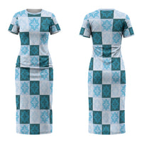 Cyan Manta Ray Hawaiian Quilt Motif Couples Matching Short Sleeve Bodycon Dress and Hawaiian Shirt
