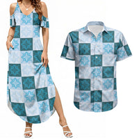 Cyan Manta Ray Hawaiian Quilt Motif Couples Matching Summer Maxi Dress and Hawaiian Shirt