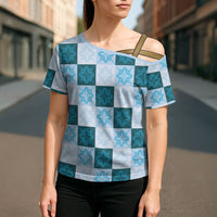 Cyan Manta Ray Hawaiian Quilt Motif Cross Shoulder Shirt