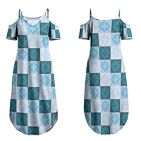 Cyan Manta Ray Hawaiian Quilt Motif Family Matching Summer Maxi Dress and Hawaiian Shirt