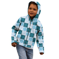 Cyan Manta Ray Hawaiian Quilt Motif Kid Hoodie