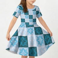 Cyan Manta Ray Hawaiian Quilt Motif Kid Short Sleeve Dress