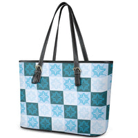 Cyan Manta Ray Hawaiian Quilt Motif Leather Tote Bag